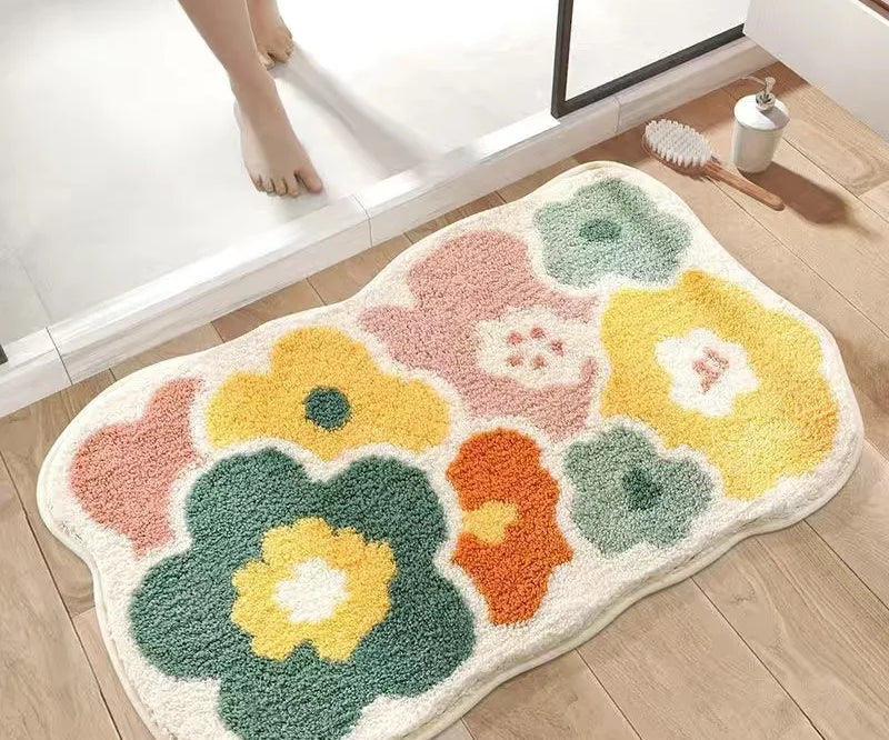 Soft Floor Mat Simple Cute Floral Carpet Plush Carpet Floor Mat Bedroom Toilet Bathroom Door Water Absorbent Anti-Slip Foot Mat