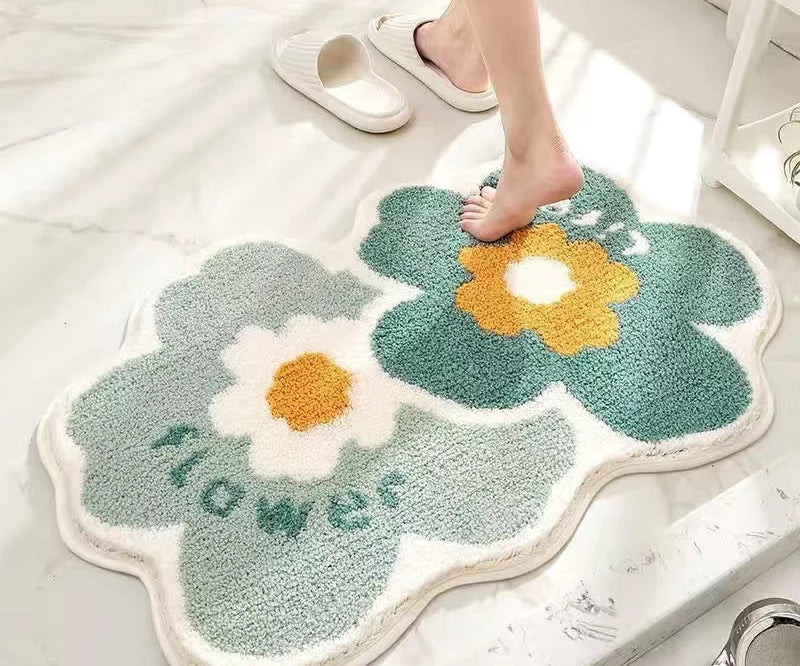 Soft Floor Mat Simple Cute Floral Carpet Plush Carpet Floor Mat Bedroom Toilet Bathroom Door Water Absorbent Anti-Slip Foot Mat